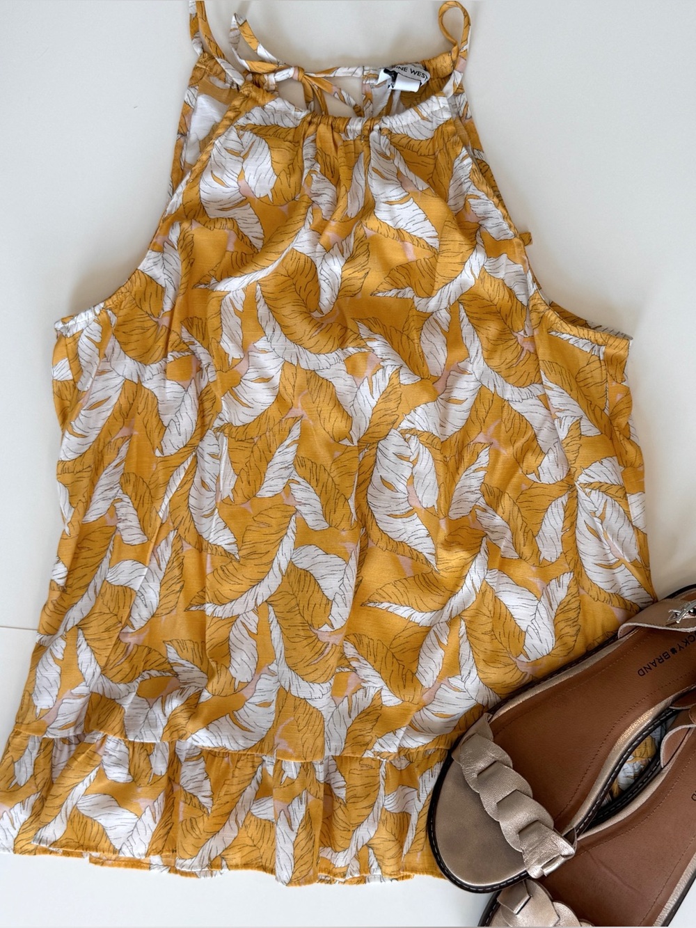 Nine West Mustard Yellow and White Leaf-Print Halter Top